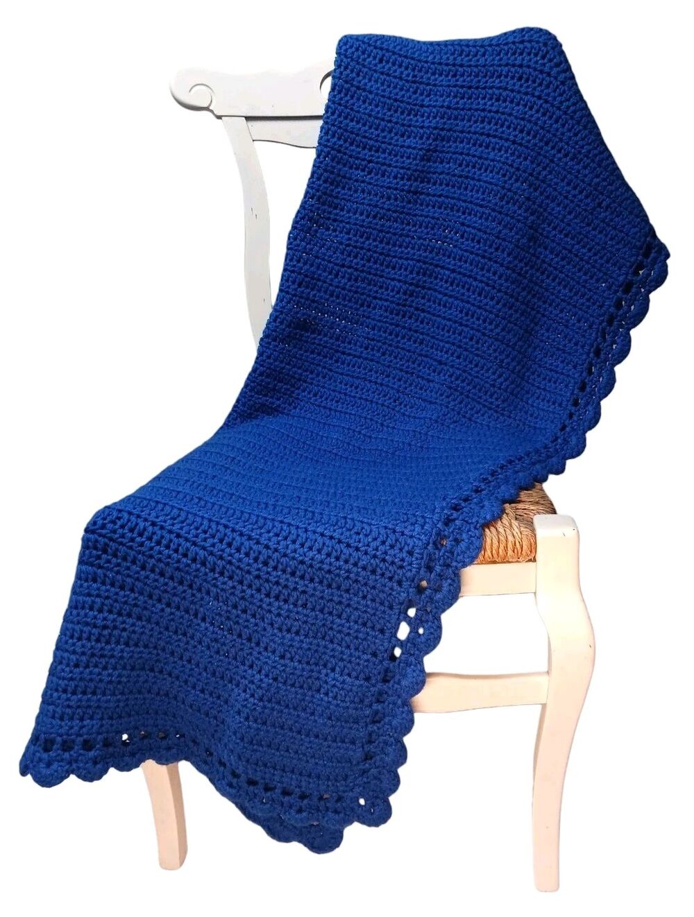 Vtg Royal Blue Scalloped Edge HANDMADE CROCHET Afghan Throw Blanket SOFT 44"X52"